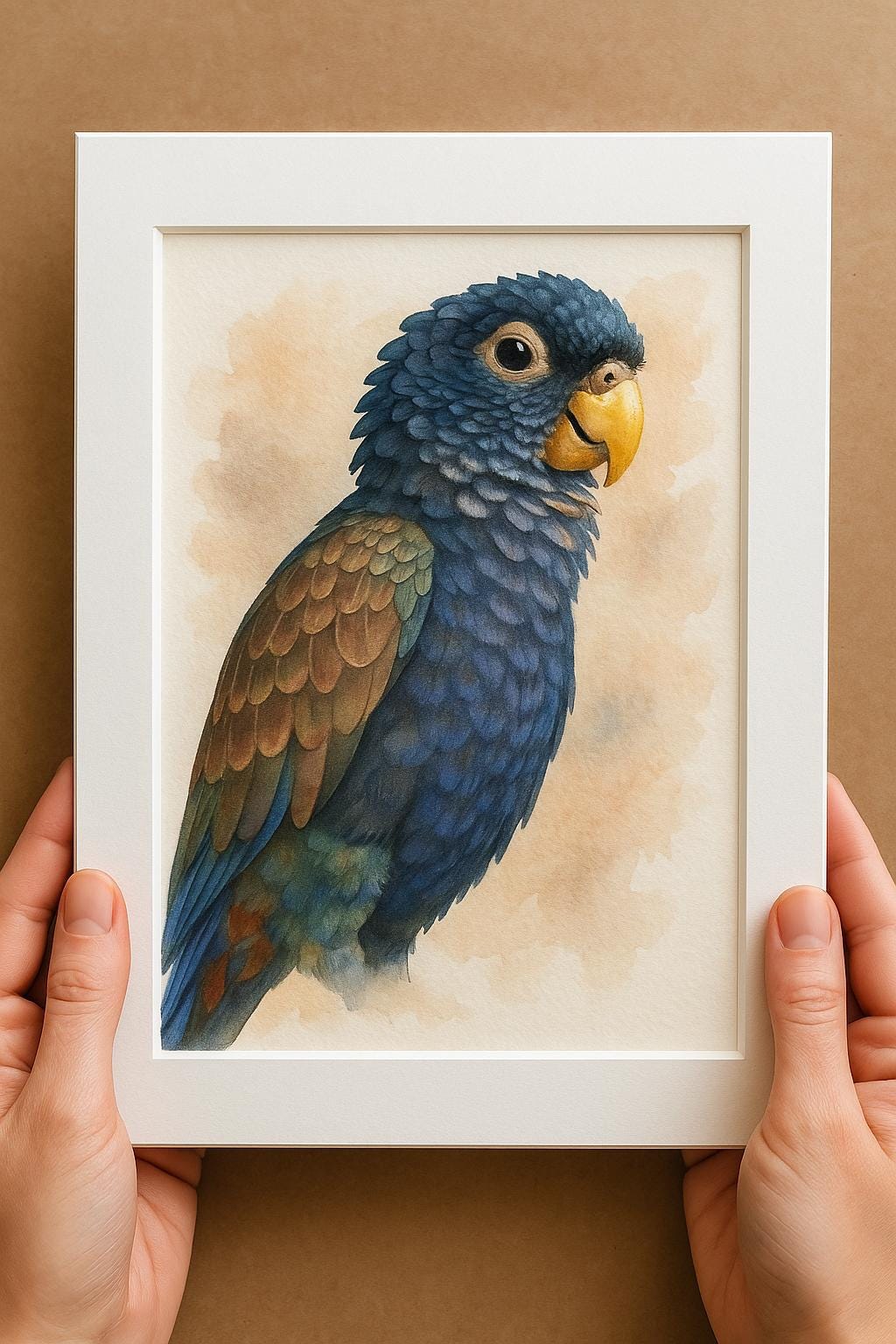 A person&#39;s hands are holding a white picture frame containing a detailed painting of a blue parrot with a yellow beak.