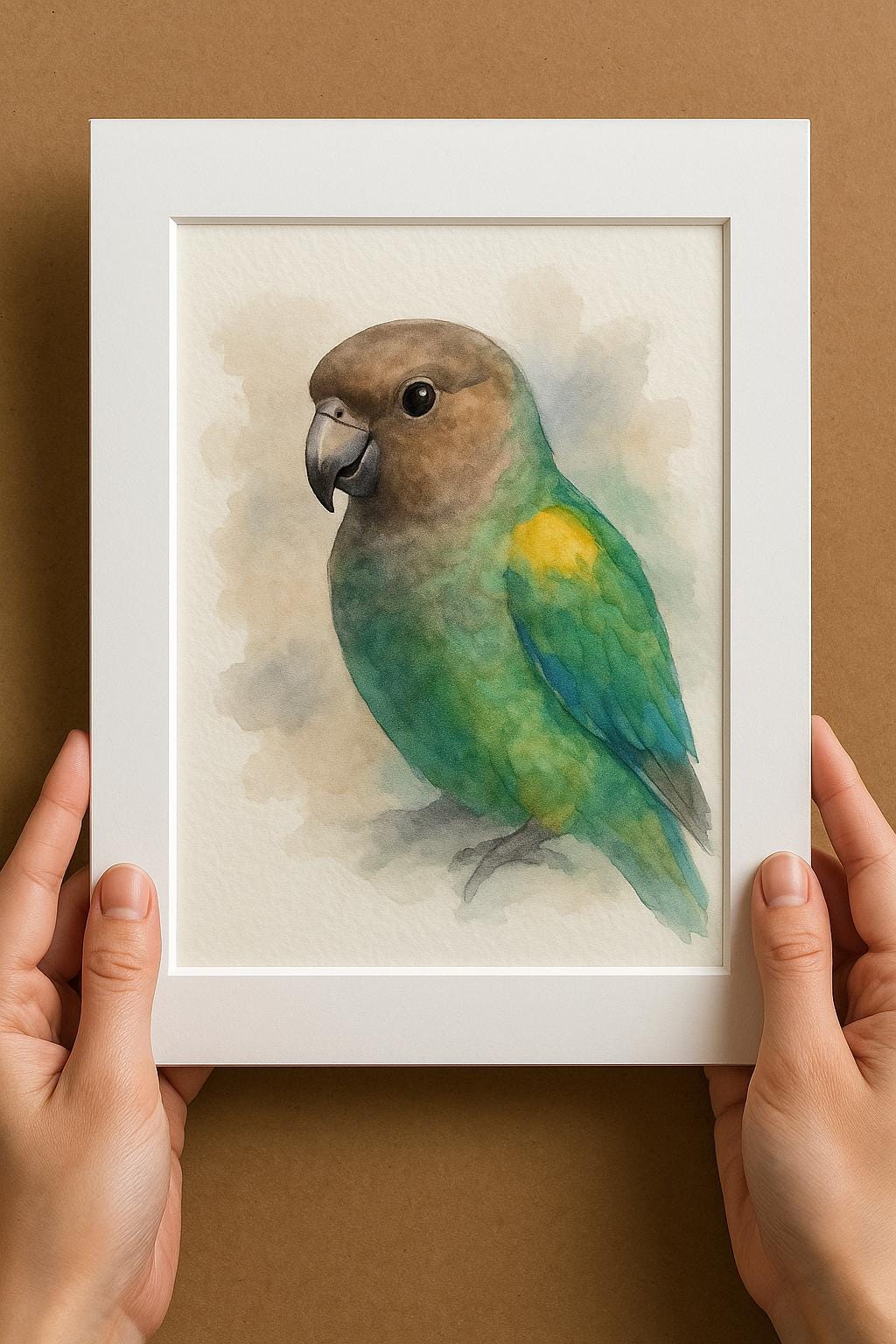 A person&#39;s hands are holding a white picture frame containing a watercolor painting of a colorful parrot.