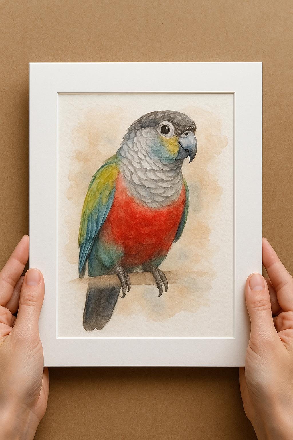 A person&#39;s hands are holding a framed watercolor painting of a colorful parrot, which is perched on a branch.