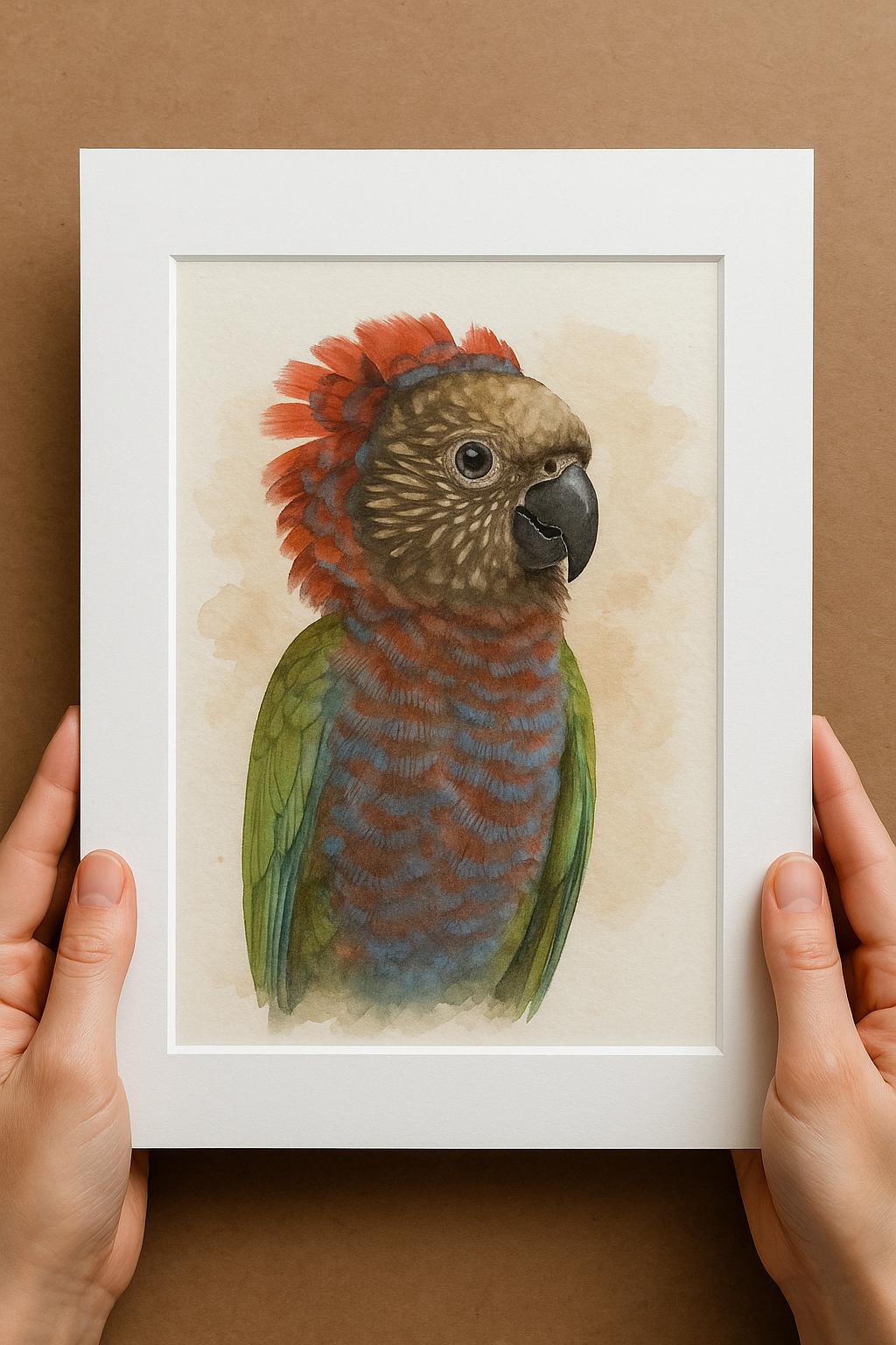 A person&#39;s hands are holding a white picture frame containing a detailed illustration of a colorful parrot with a vibrant red crest and a striking black beak.