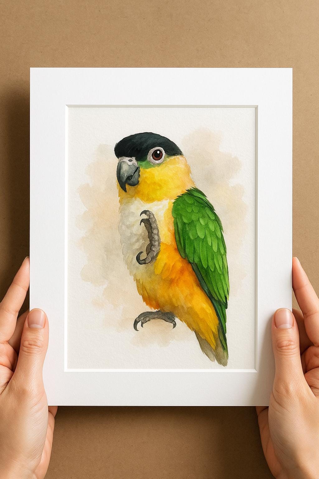 A person&#39;s hands are holding a white picture frame containing a painting of a colorful parrot.