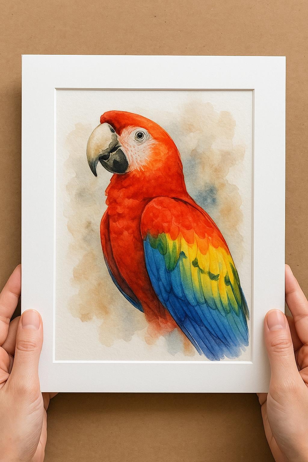 A person&#39;s hands are holding a white picture frame containing a vibrant watercolor painting of a colorful parrot.