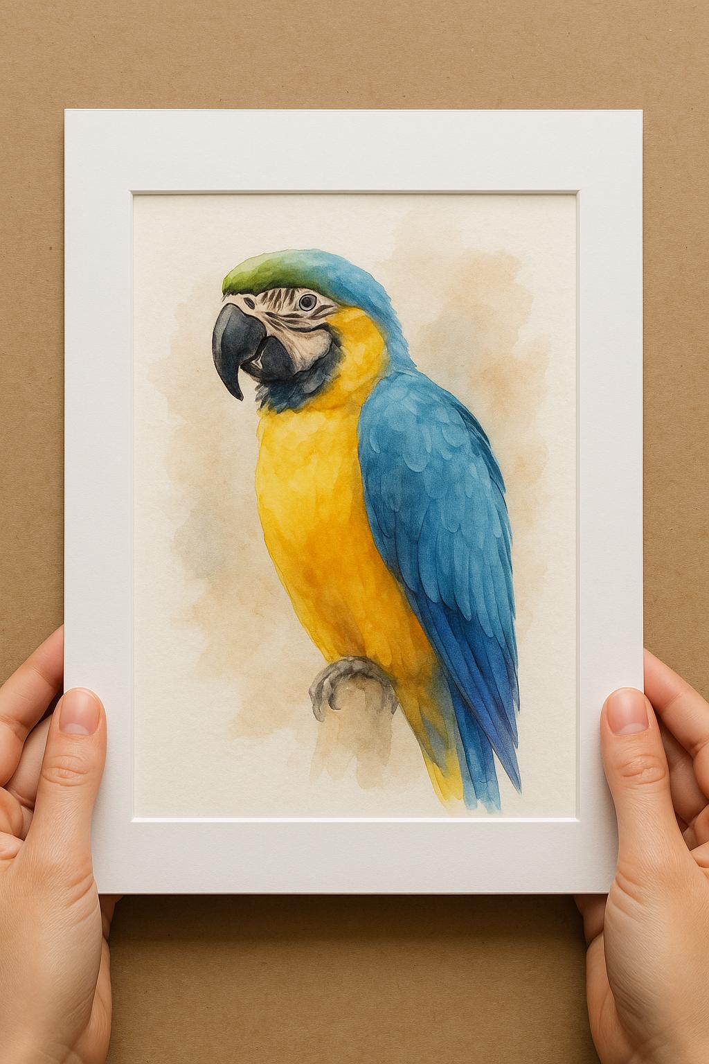 A person&#39;s hands are holding a white picture frame containing a watercolor painting of a vibrant blue and yellow parrot.