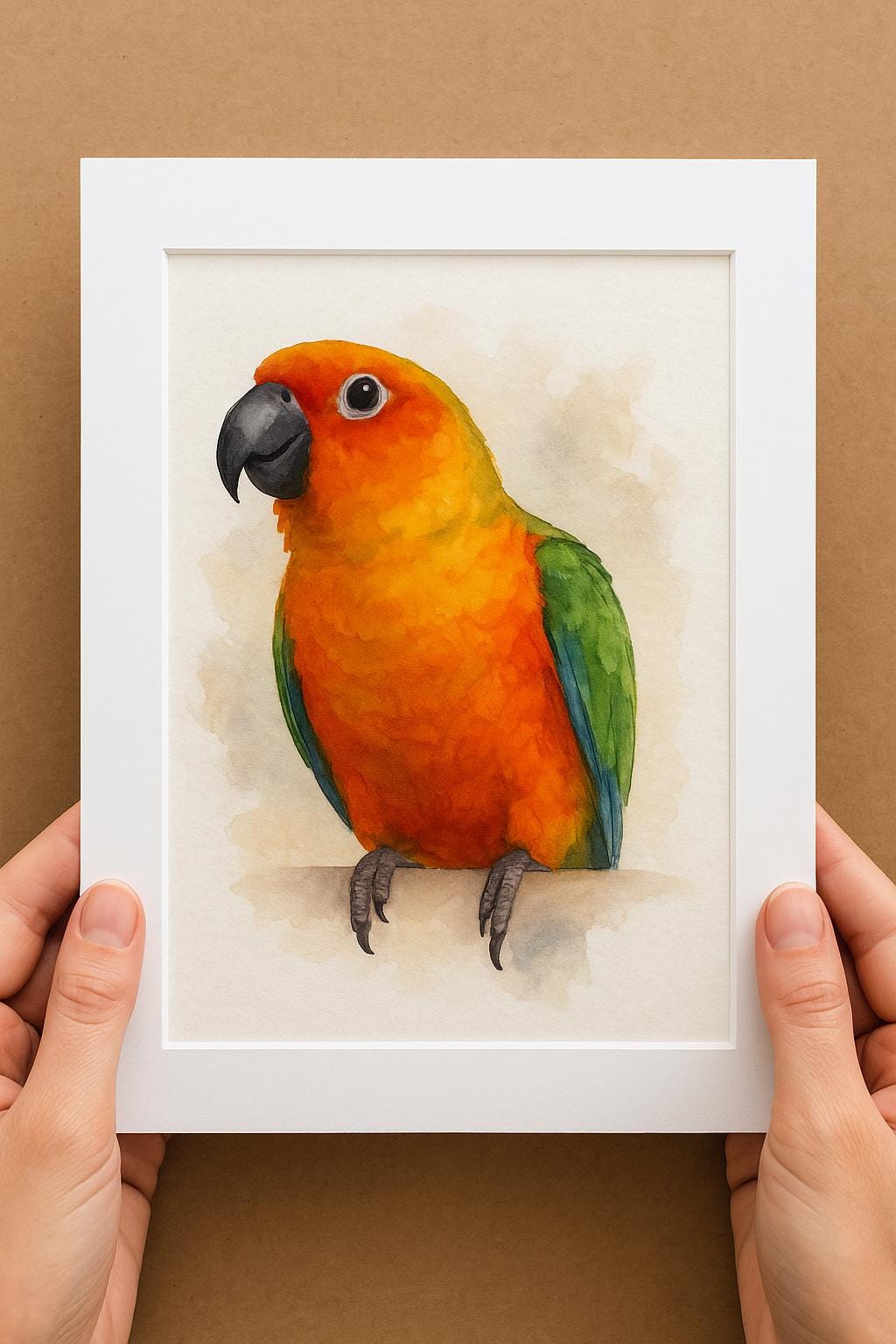 A person&#39;s hands are holding a white picture frame containing a watercolor painting of a colorful parrot.