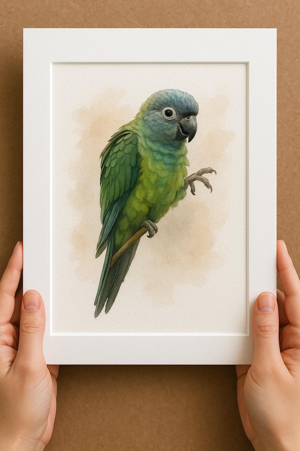 A person&#39;s hands are holding a white picture frame containing a painting of a colorful parrot.