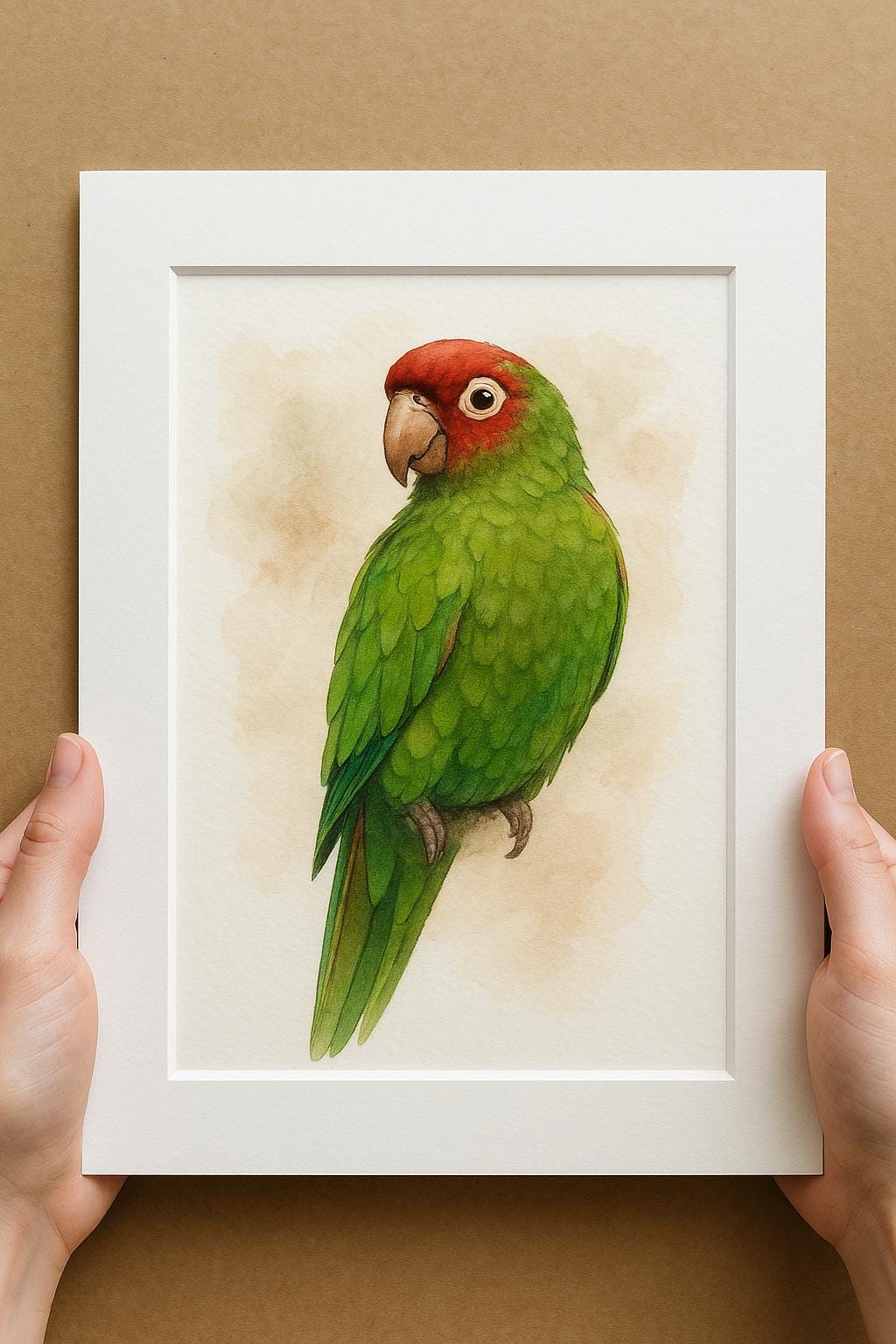 A person&#39;s hands are holding a white picture frame containing a detailed illustration of a vibrant green parrot with a red head and beak.
