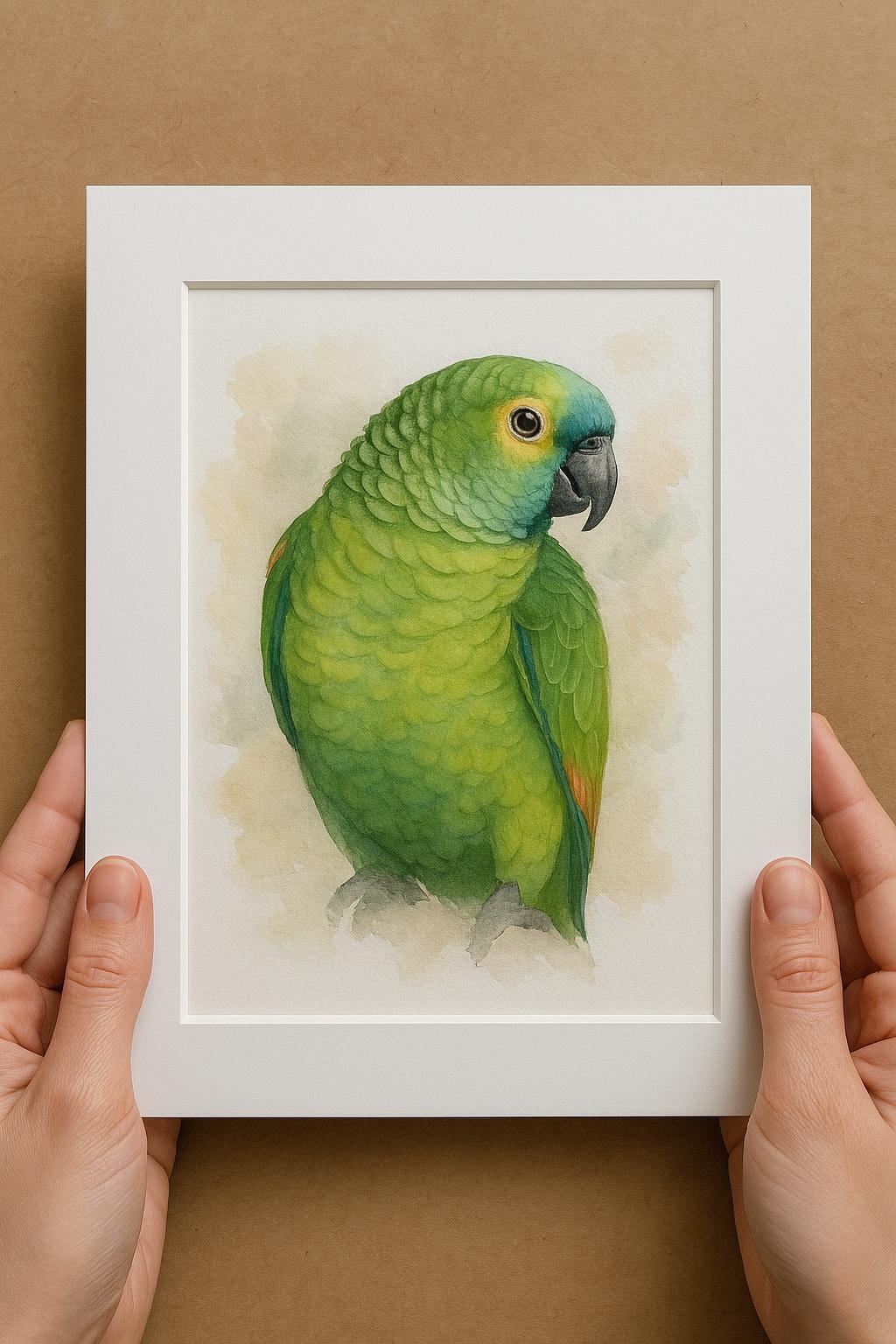 A person&#39;s hands are holding a white picture frame containing a watercolor painting of a vibrant green parrot.