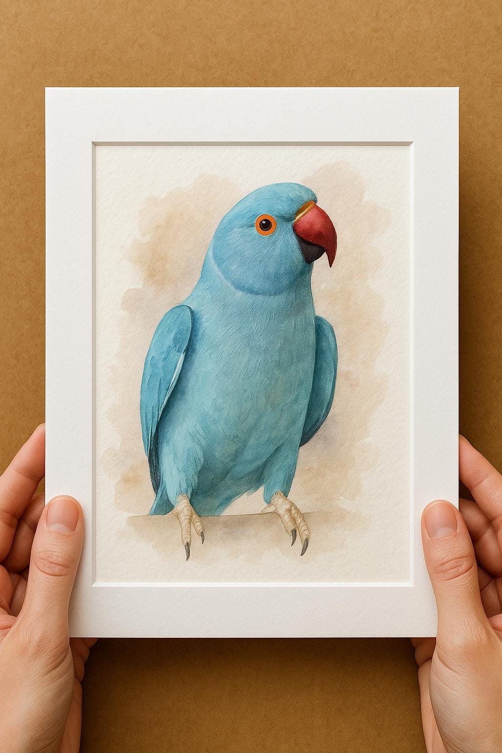 A person&#39;s hands are holding a white picture frame containing a watercolor painting of a blue parrot.