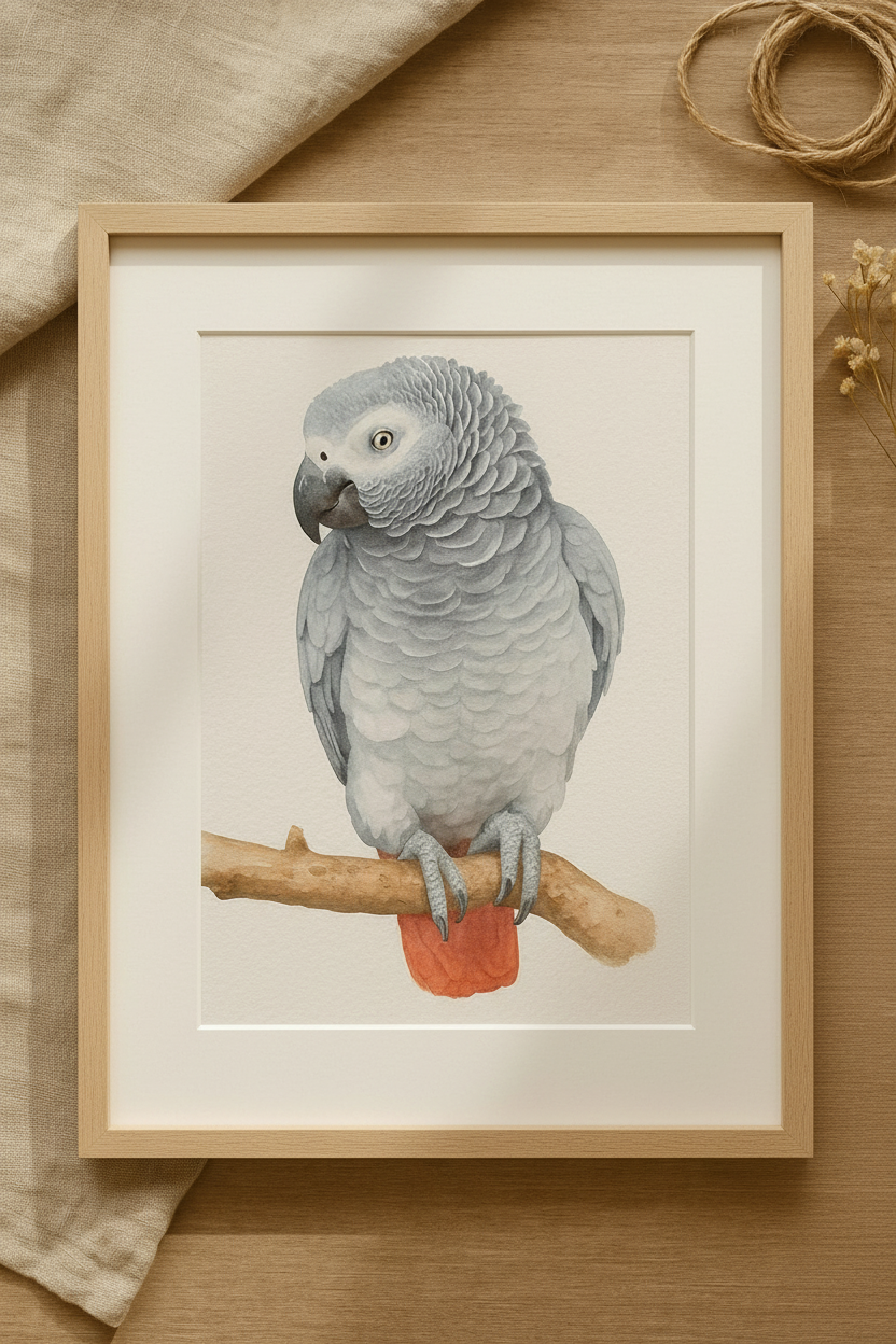 African Grey Custom Watercolor Portrait
