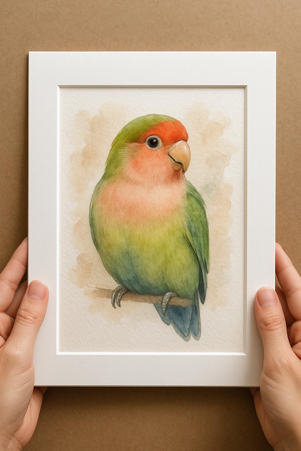 A person&#39;s hands are holding a white picture frame containing a watercolor painting of a colorful parrot.