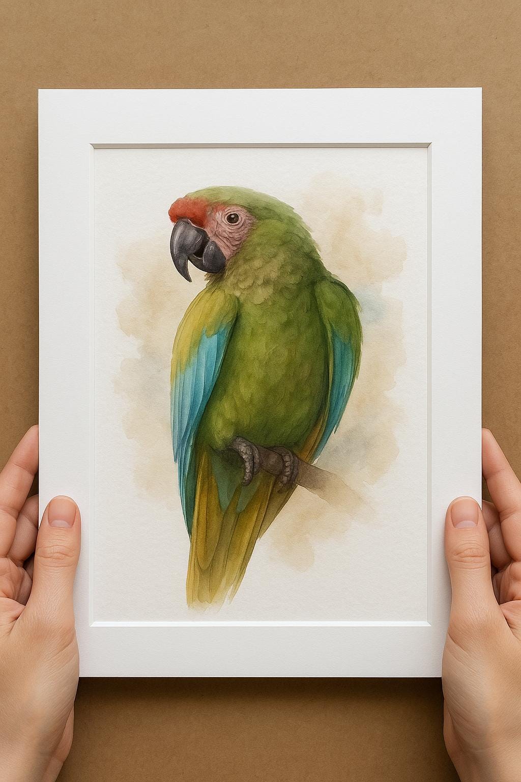 A person&#39;s hands are holding a white picture frame containing a watercolor painting of a vibrant green parrot with blue and yellow accents.