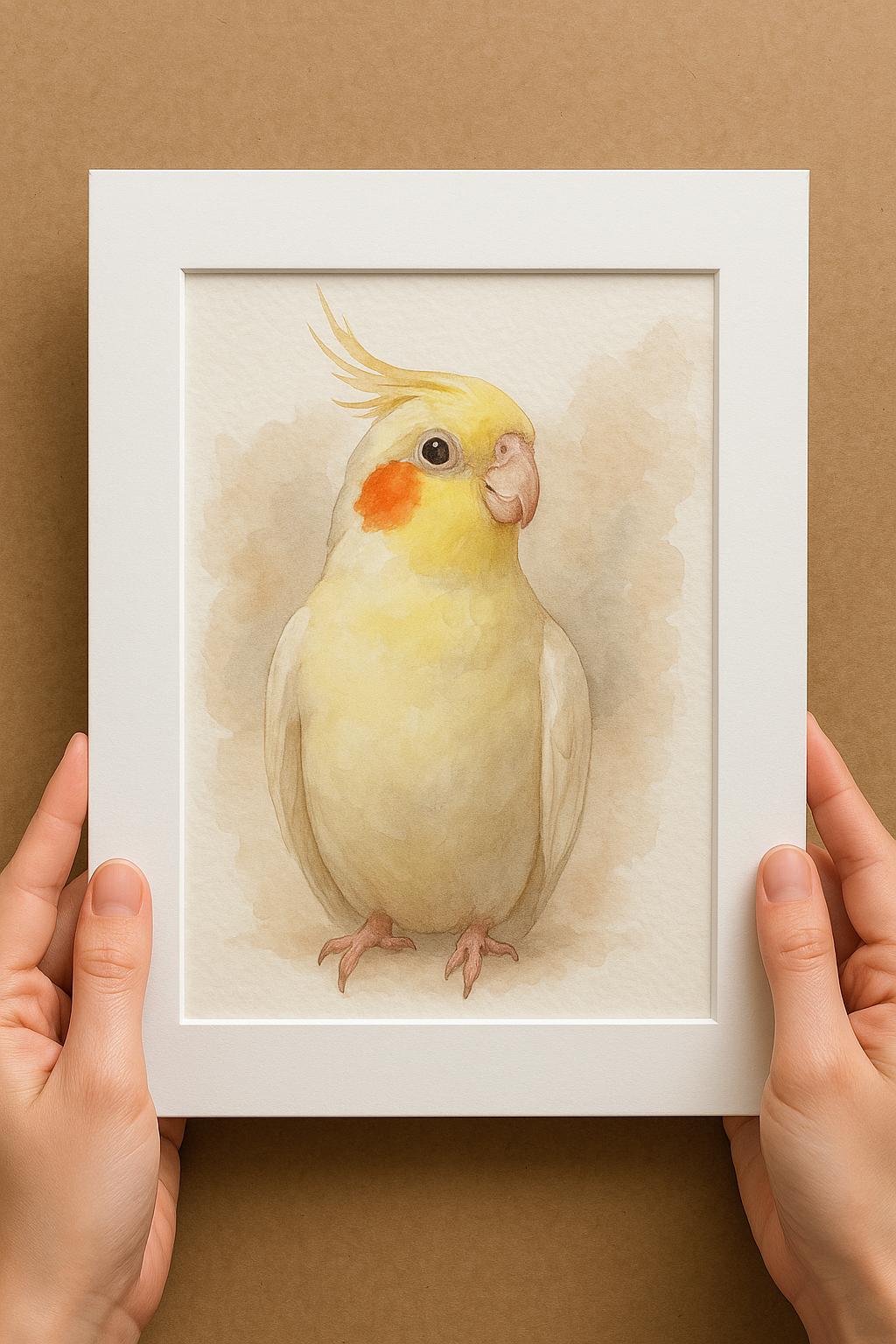 A person&#39;s hands are holding a white picture frame containing a watercolor painting of a yellow parrot with a red patch on its chest.