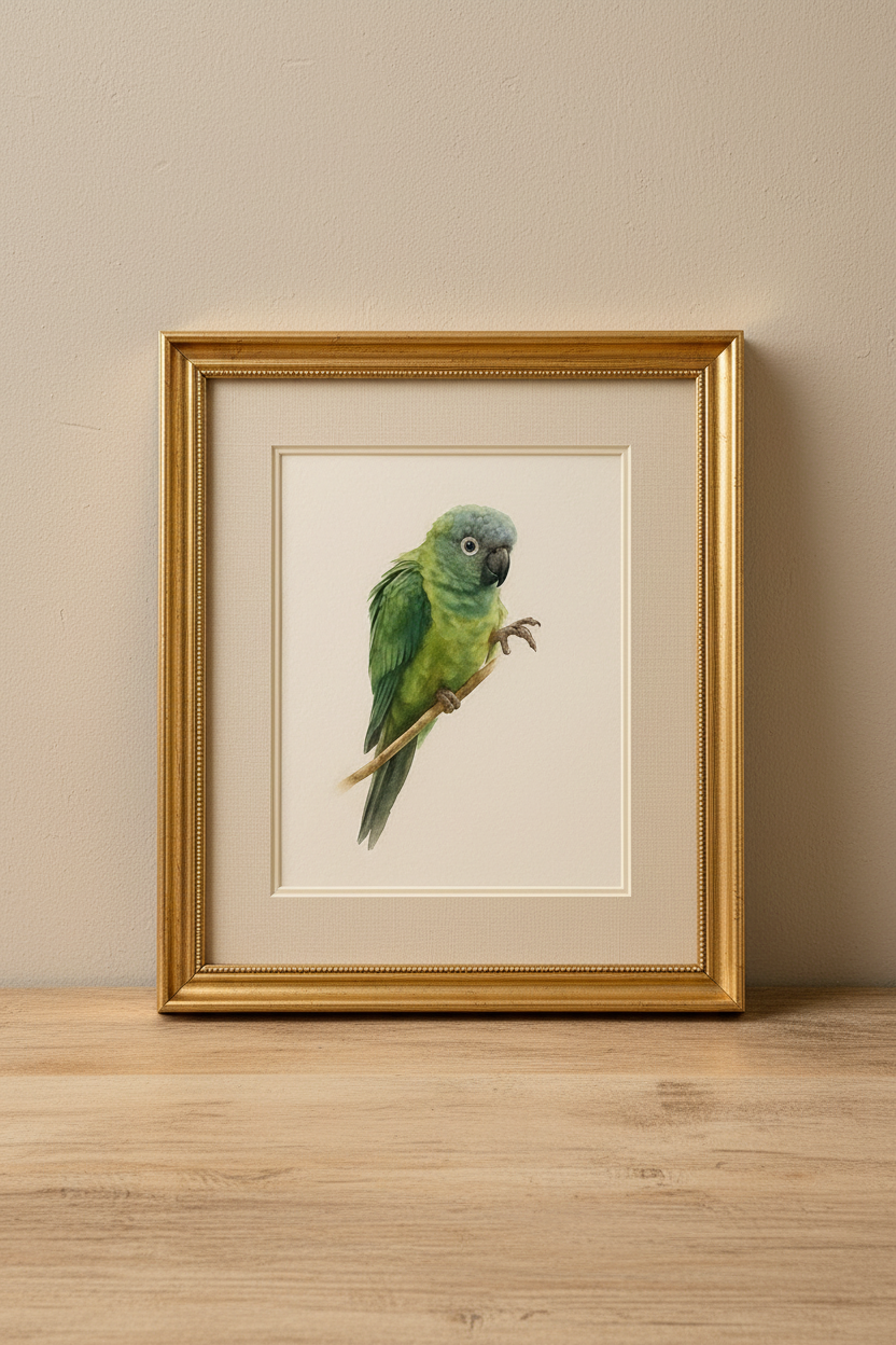 Framed painting of a parrot on a beige wall and wooden surface
