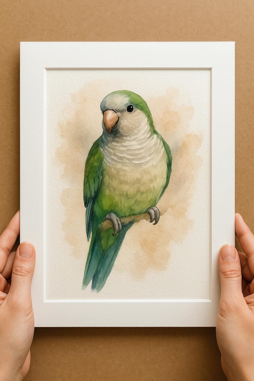 A person&#39;s hands are holding a white picture frame containing a watercolor painting of a green and white parrot perched on a branch.