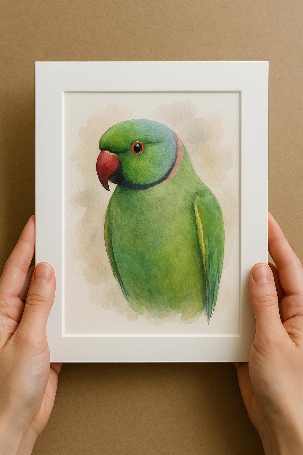 A person&#39;s hands are holding a white picture frame containing a watercolor painting of a vibrant green parrot.